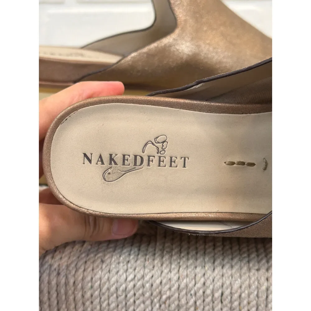 Naked Feet Flow Bronze Leather Platform Slide Sandals Size 7.5, Brown